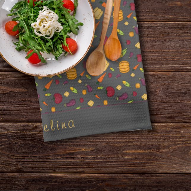 Glückliches Erntedanken Gemüsemuster grau Geschirrtuch (Von Creator hochgeladen)