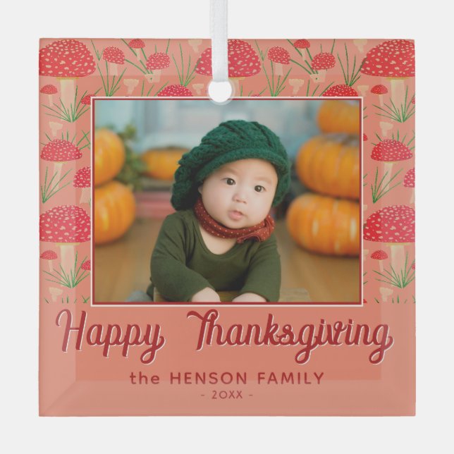 Glückliches Erntedankfest Red Mushroom Fall Foto Ornament Aus Glas (Vorderseite)