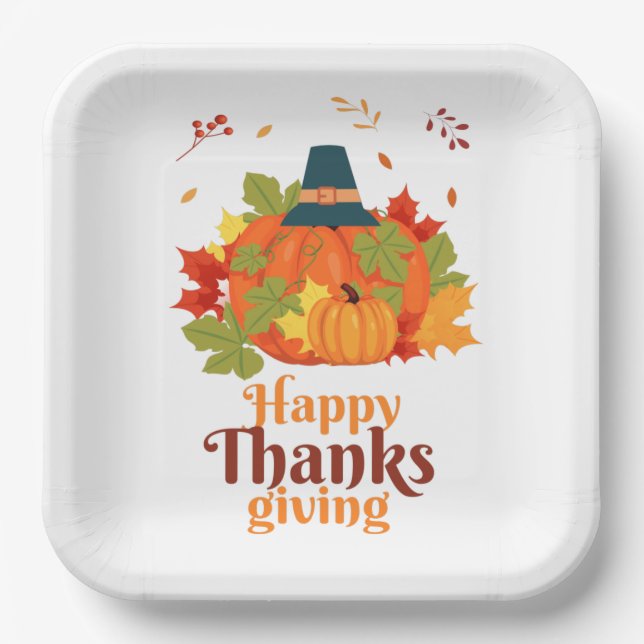 glückliches Erntedankpumpkin mit Hats und Blätter  Pappteller (Vorderseite)