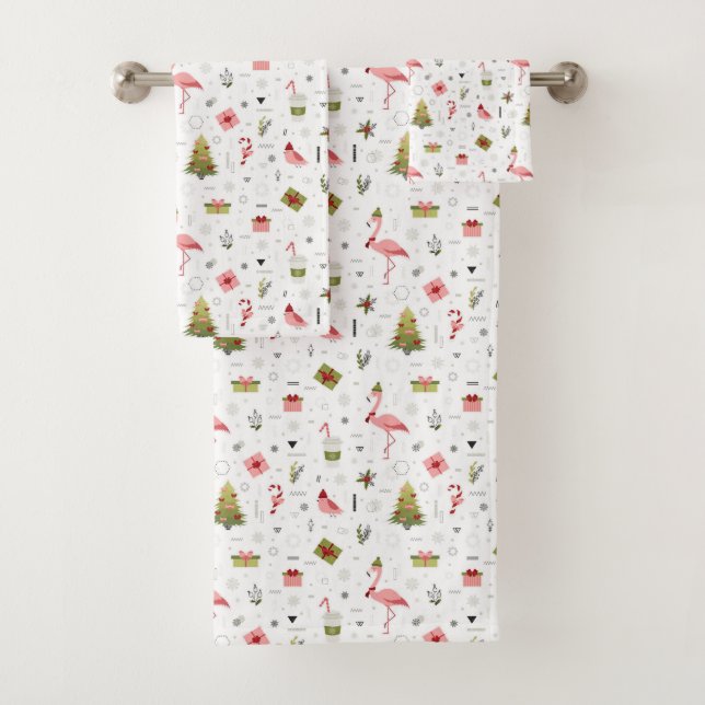Glückliches Feiertags-Flamingo-Muster Badhandtuch Set (Insitu)
