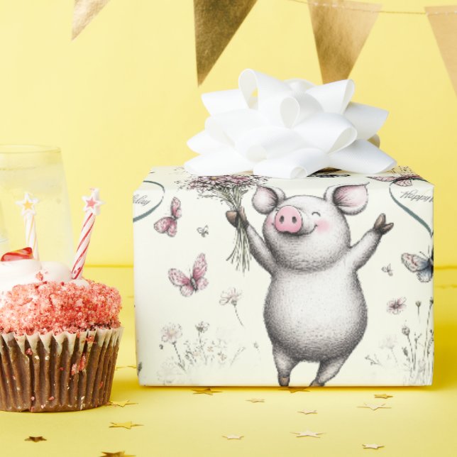 Glückliches Ferkel Herz Geburtstag Geschenkpapier (Geburtstagsparty)
