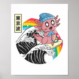 Glückliches Gaming Axolotl Surft auf der Kanagawa- Poster