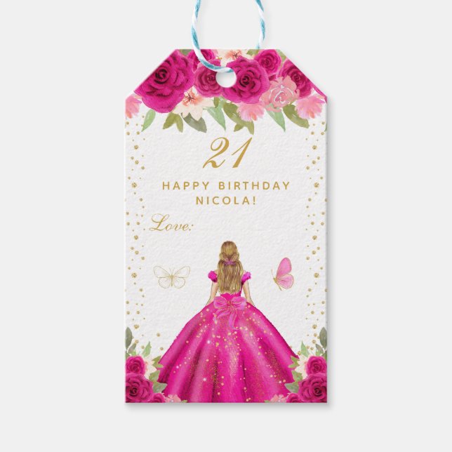 Glückliches Geburtstag Mädchen mit hellrosa floral Geschenkanhänger (Vorderseite)