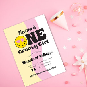 Glückliches Gesicht Eine Groovy-Girl 1. Geburtstag Einladung