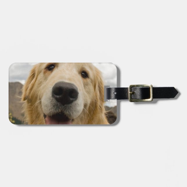 Glückliches golden retriever gepäckanhänger (Vorderseite horizontal)