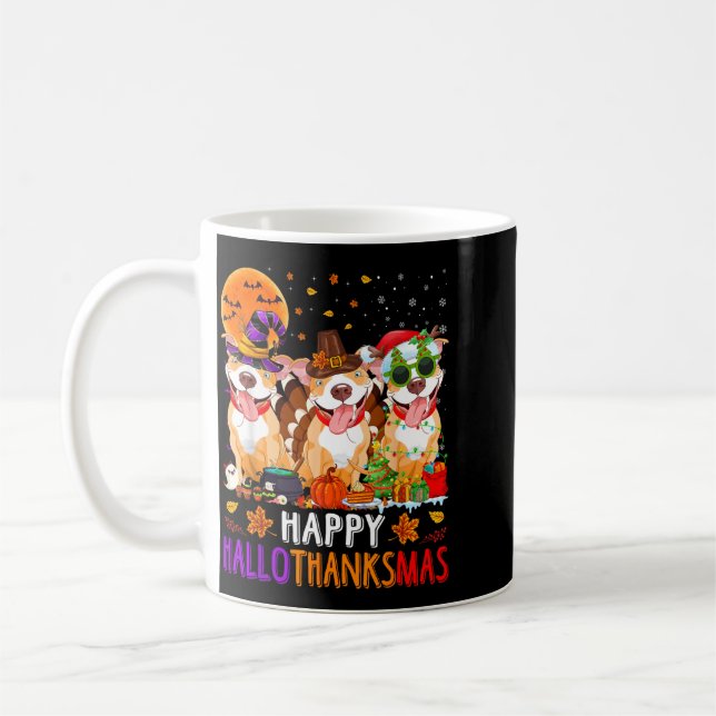 Glückliches Hallothanksmas Pitbull-Hund Halloween Kaffeetasse (Links)