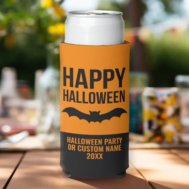 Glückliches Halloween-Bat mit Party-Name - schwarz Selters Dosenkühler (Halloween Party Personalized can coolers - add your name)