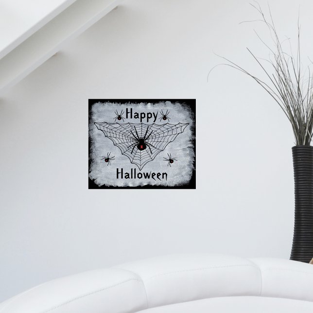 Glückliches Halloween Black Widow Spider Web Poste Poster (Black widow spiders red hourglass marks spider web on Happy Halloween wall poster decoration.)