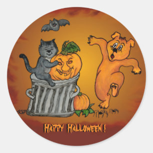 Glückliches Halloween mit Katzen-Schläger-Hund u Runder Aufkleber