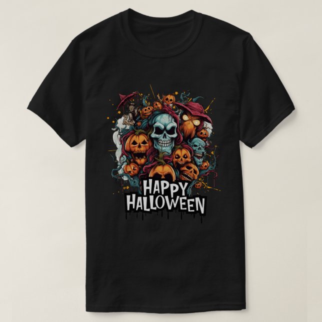 Glückliches Halloween mit Skulls, Kürpen und Monst T-Shirt (Design vorne)