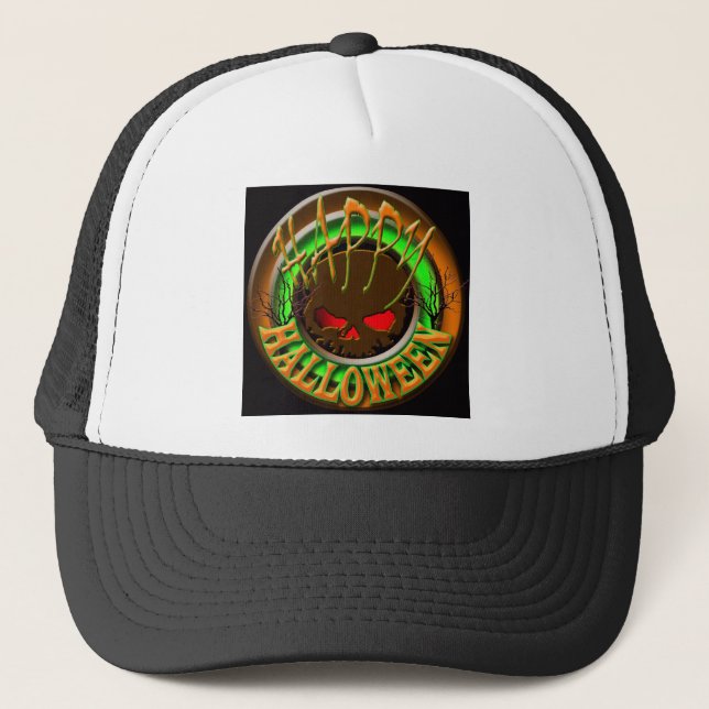 Glückliches Halloween-Schädel SCHWARZES BG Truckerkappe (Vorderseite)