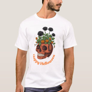 Glückliches Halloween-Totenkopf- und Blumengrafik- T-Shirt