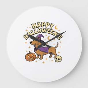 Glückliches Halloweenie Dachshund Hexen Hund T-Shi Große Wanduhr