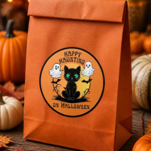 Glückliches Heimsuchen-Schwarze-Katze-Halloween-Au Runder Aufkleber