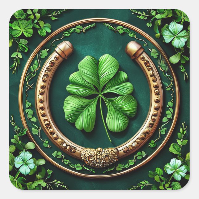 Glückliches Horseshoe und Clover Design Quadratischer Aufkleber (Vorderseite)