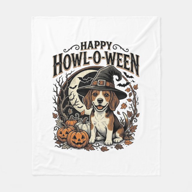 Glückliches Howl-O-Ween Beagle Hexenhut Halloween- Fleecedecke (Vorderseite)