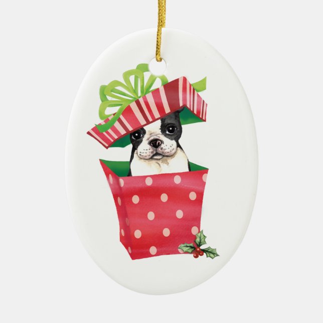 Glückliches Howliday Boston Terrier Keramik Ornament (Vorne)