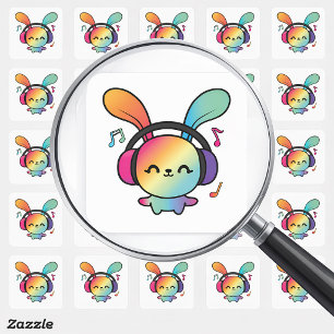 Glückliches Kaninchen mit Kopfhörern beim Musikhör Quadratischer Aufkleber