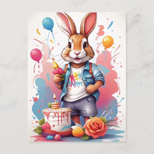 Glückliches Kaninchen mit Kuchen |  Postkarte (Vorderseite)