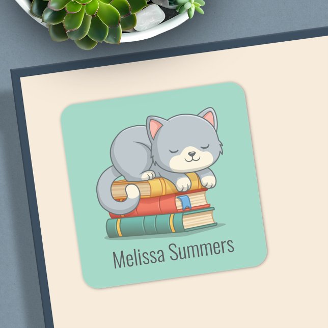 Glückliches Katzenbuch Stapel Benutzerdefinierter  Quadratischer Aufkleber (Von Creator hochgeladen)