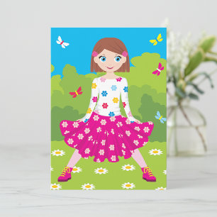 Glückliches kleines Mädchen mit Blumen und Schmett Einladung