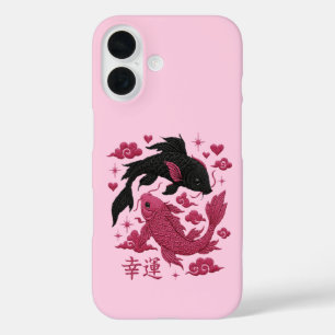 Glückliches Koi Yin-Yang Stickerei Schwarze & Ro iPhone 16 Hülle