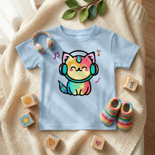 Glückliches lächelndes Baby-Miezekatze mit Kopfhör Baby T-shirt