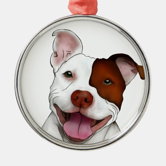 Glückliches lächelndes Pitbull Silbernes Ornament (Vorne)