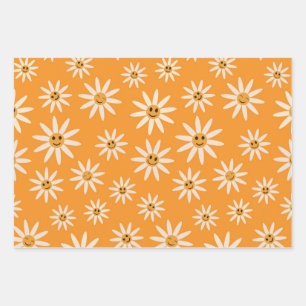Glückliches lächelndes Retro-Weißblumenmuster Geschenkpapier Set