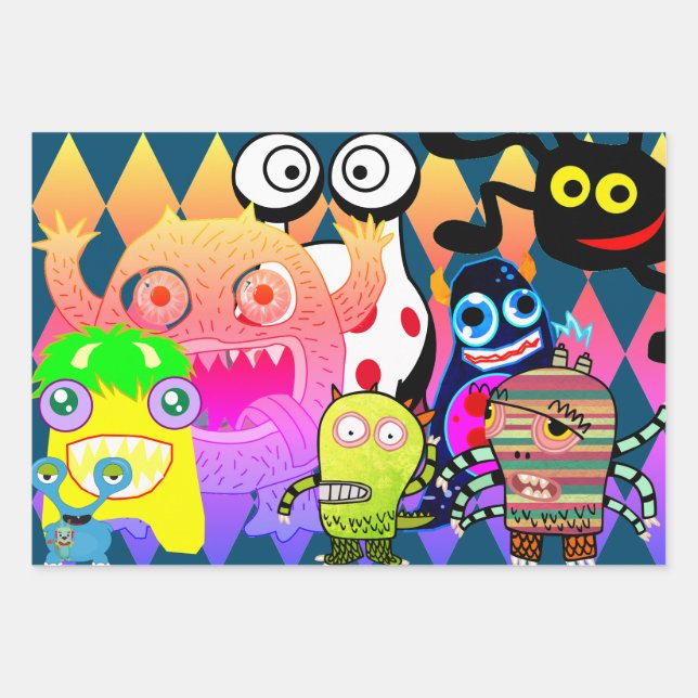 GLÜCKLICHES MONSTERS Wrapping Paper Flat Sheet Set Geschenkpapier Set (Vorderseite)