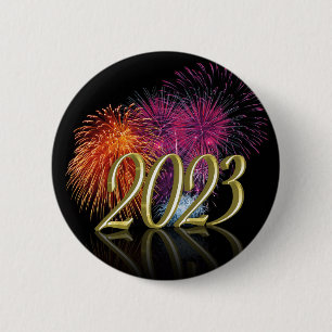 Glückliches Neues Jahr 2023 Feuerwerk Gold Button