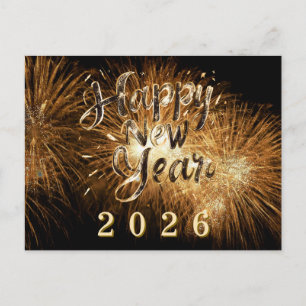 Glückliches neues Jahr 2026 goldene Details Feuerw Postkarte