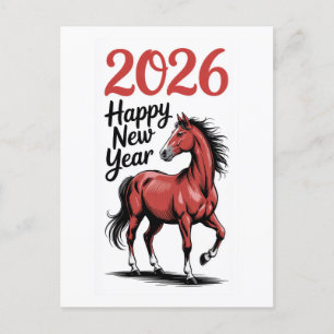 Glückliches Neues Jahr 2026 Karte Rotes Pferd Illu