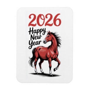 Glückliches Neues Jahr 2026 Karte Rotes Pferd Illu Magnet
