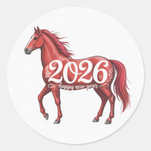 Glückliches Neues Jahr 2026 Karte Rotes Pferd Illu Runder Aufkleber