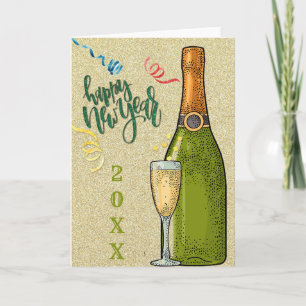Glückliches Neues Jahr Champagner Gold Glitter Karte
