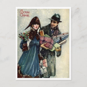 Glückliches Neues Jahr Paar Französisch Retro Vint Postkarte