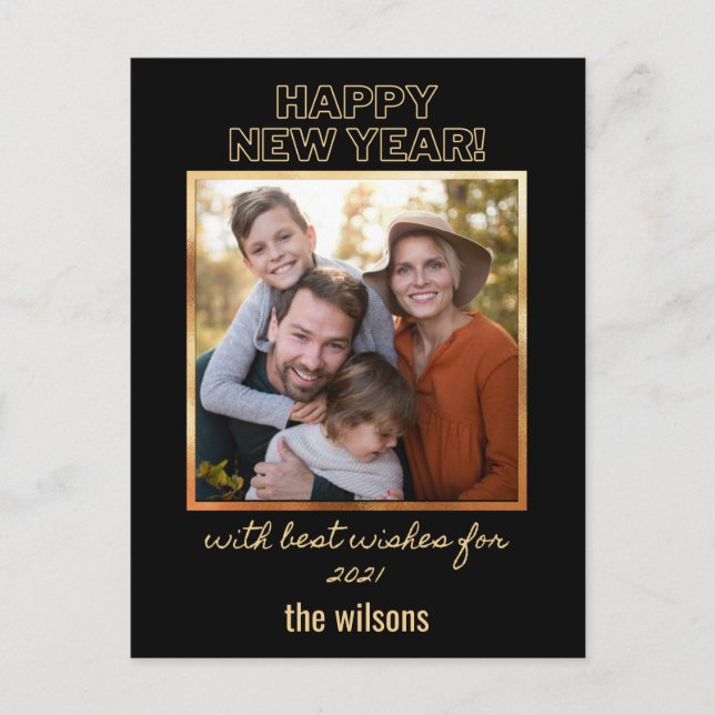 glückliches neues Jahr Schwarz-Gold Klasse Foto Postkarte (Vorderseite)