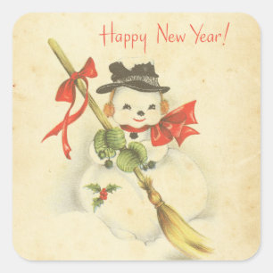 Glückliches neues JahrVintager Snowman-roter Quadratischer Aufkleber
