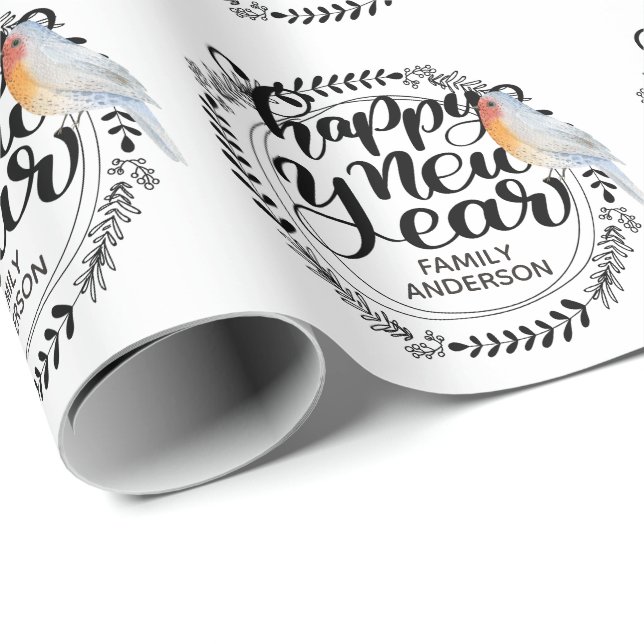 GLÜCKLICHES NEUJAHR Festlicher Winter Robin Person Geschenkpapier (Rolleneckpunkt)