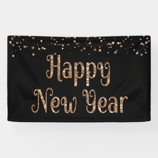GLÜCKLICHES NEUJAHR Kupfer Gold Confetti Black Banner (Horizontal)