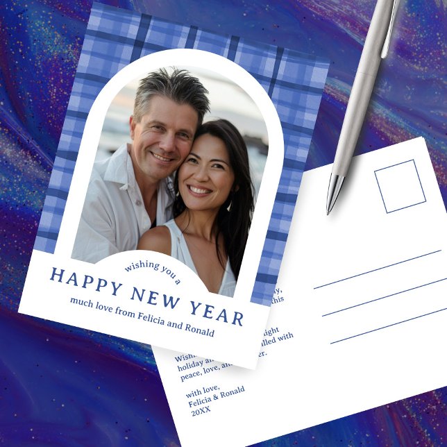 GLÜCKLICHES NEUJAHR Watercolor Kariertes CUSTOM Ar Postkarte (HAPPY NEW YEAR Happy Holidays Watercolor Plaid CUSTOM Arch PHOTO Postcard
)