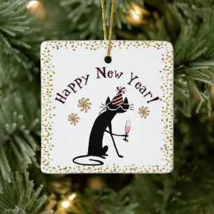 Glückliches Neujahrsweinangebot mit Katze Keramikornament