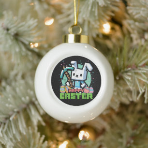 Glückliches Osterhase Pixel Spiel  Keramik Kugel-Ornament