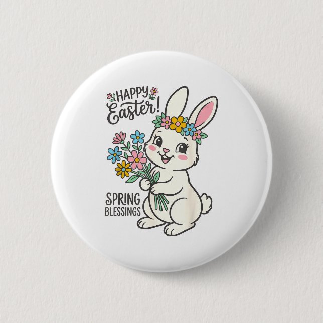 Glückliches Ostern-Hasen-Sträußchen Frühlingsgrüße Button (Vorderseite)