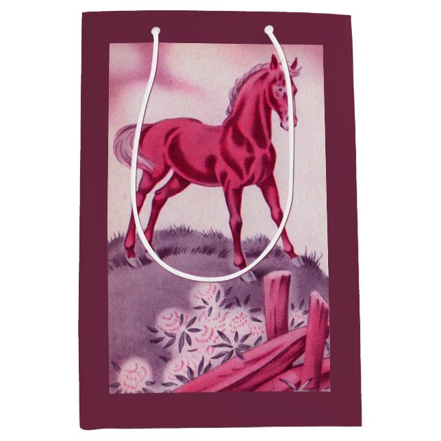 glückliches Pferd in Rosa Mittlere Geschenktüte (Vorderseite)