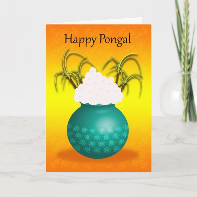 Glückliches Pongal, mit einem Topf Reis und Karte (Vorderseite)