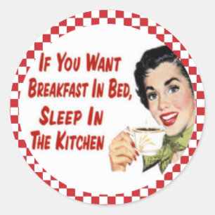 Glückliches Retro Frühstück-im-Bett-Hausfrau-Aufkl Runder Aufkleber