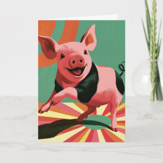 Glückliches Retro-Sonnenstrahl-Schwein in bunten F Karte