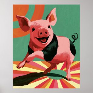 Glückliches Retro-Sonnenstrahl-Schweine-Wandkunst Poster